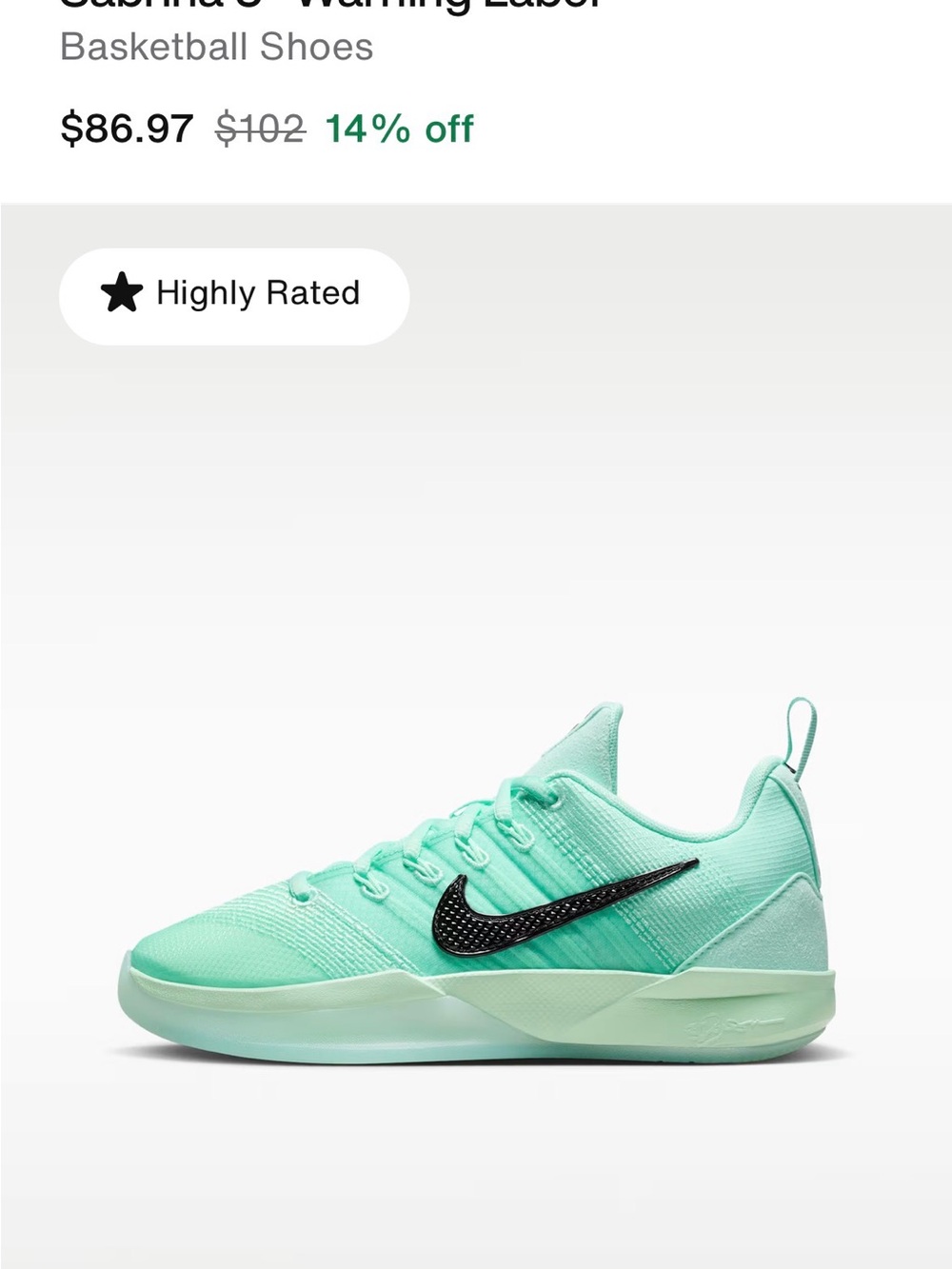 Nike Sabrina 3 "Warning Label"
Basketball Shoes 6Y (7.5W)